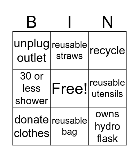sustainability Bingo Card