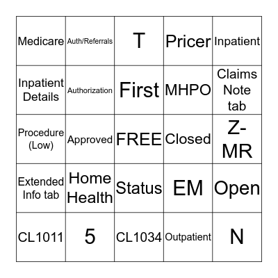 Authorizations Bingo Card