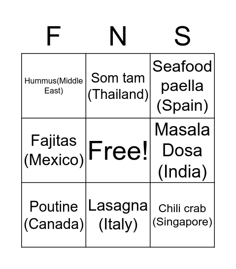 Cultural Food Bingo Card