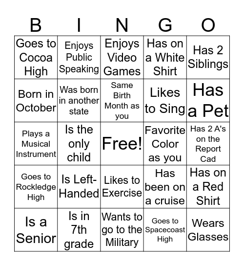 Cocoa Branch Get to Know Me  Bingo Card