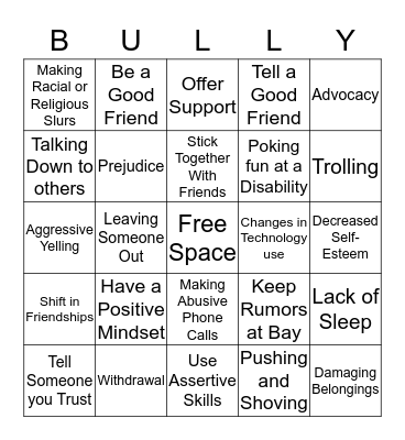 Bully Prevention Bingo Card