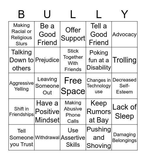 Bully Prevention Bingo Card