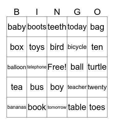 'b, and 't'  Bingo Card