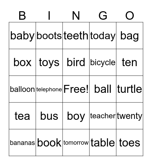 'b, and 't'  Bingo Card