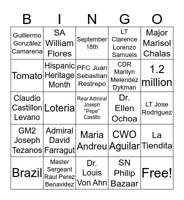 Hispanic Heritage Month Bingo Card