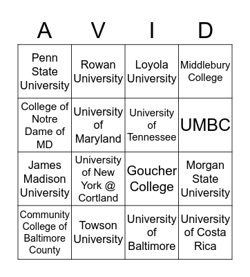 College Awareness Day Bingo Card