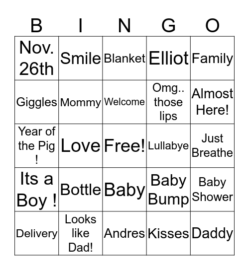 Welcome Baby Elliot Bingo Card