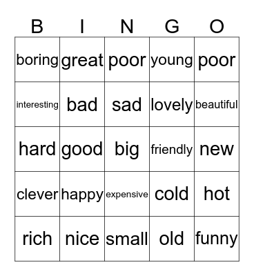 ADJECTIVES  Bingo Card
