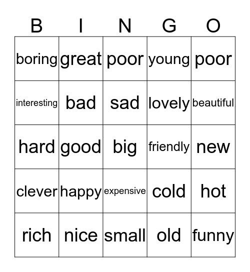 ADJECTIVES  Bingo Card