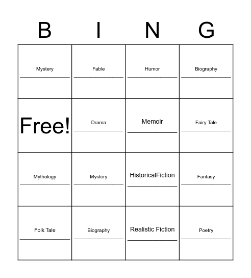 Genre Bingo Card