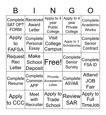 Senior Action Items Bingo Card