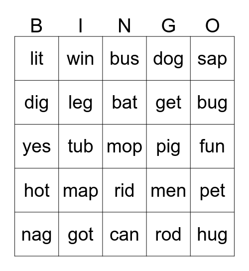 CVC Words Bingo Card