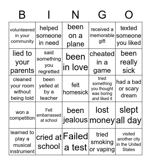 Have You Ever? Bingo Card