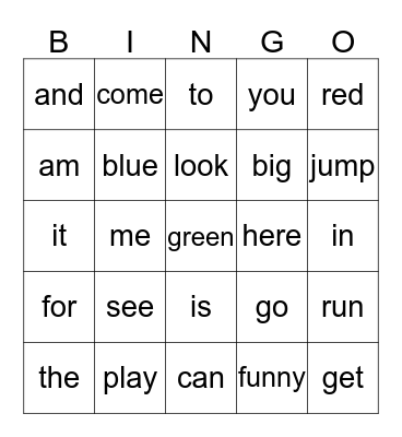 sight words Bingo Card