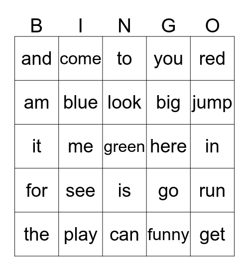 sight words Bingo Card