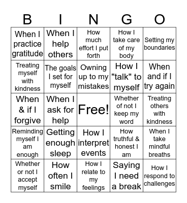 Things I Can Control Bingo Card