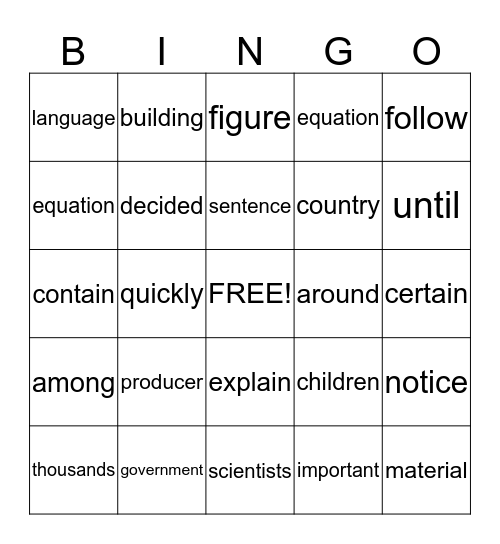 Word Cues BINGO Card