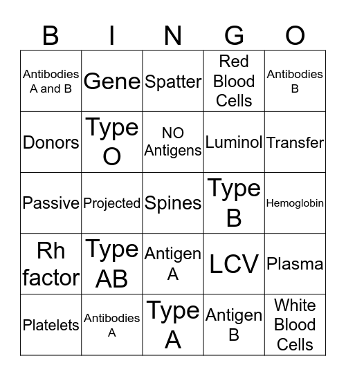 Blood Basic, Spatter and Types Bingo Card