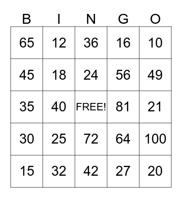 Multiplication Bingo Card