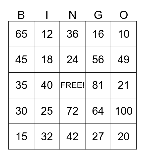 Multiplication Bingo Card