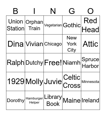 Orphan Train Bingo Card