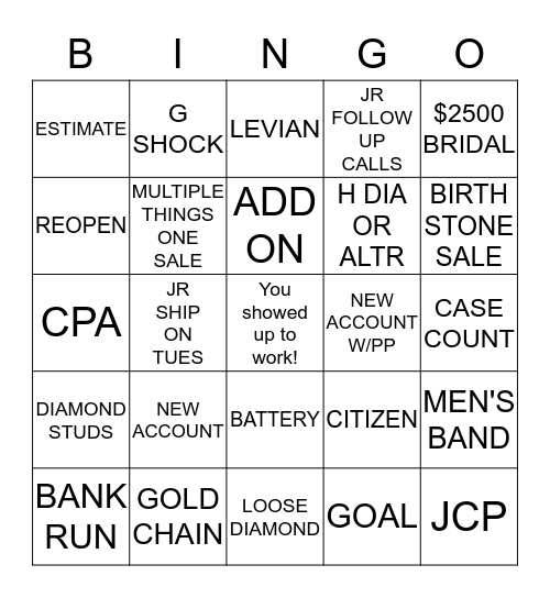 THINGS SOLD/DONE Bingo Card