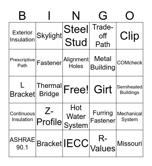 AFCC Continuous Insulation Bingo Card