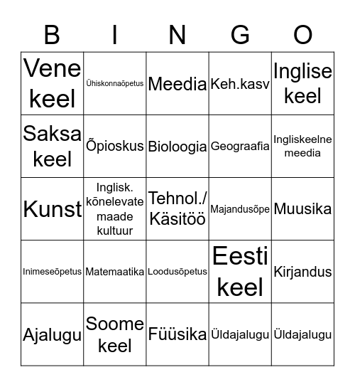 Õppeained Bingo Card