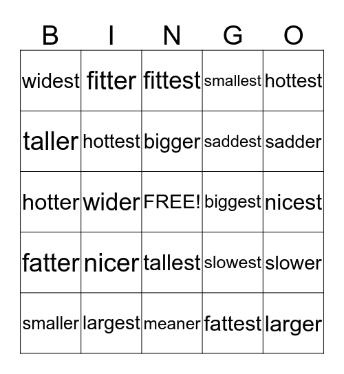 Suffix-er and-est Bingo Card