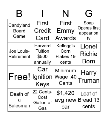 1949- 70 years ago Bingo Card