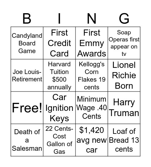 1949- 70 years ago Bingo Card