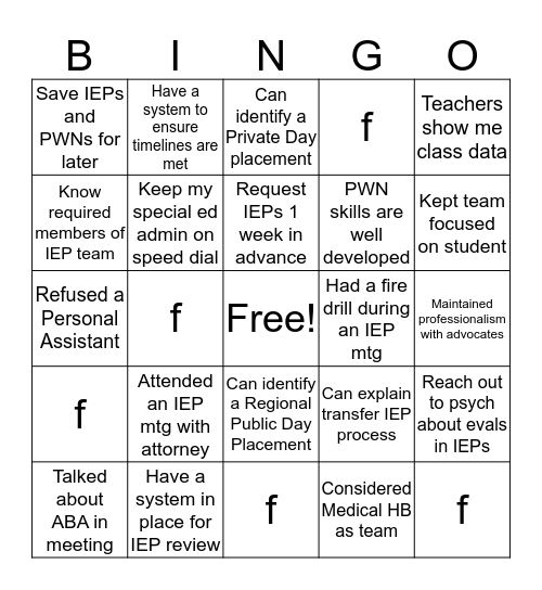 Special Education Bingo Card