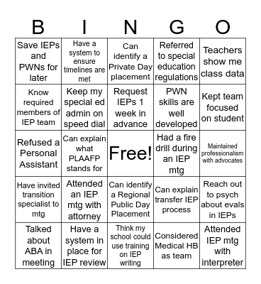 Special Education Bingo Card