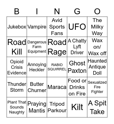 Rabid Squirrel Tour Bingo Card