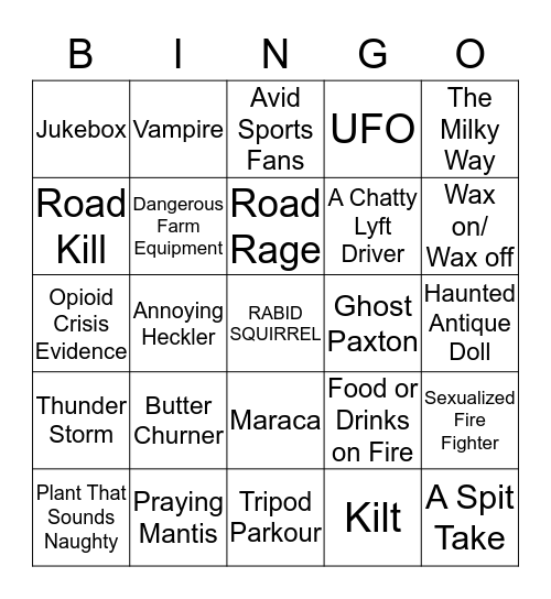 Rabid Squirrel Tour Bingo Card