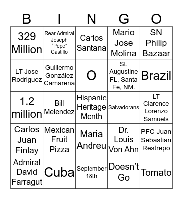 Hispanic Heritage Bingo Card