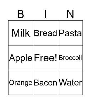 Nutrition Bingo  Bingo Card