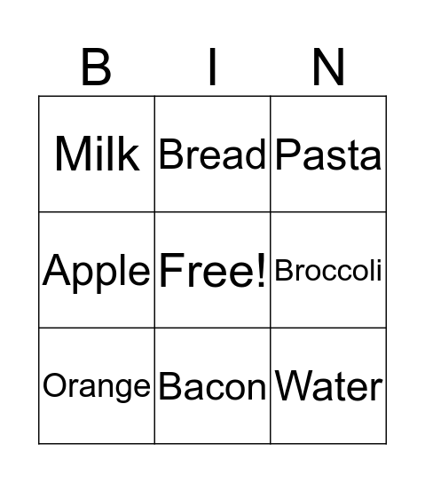 Nutrition Bingo  Bingo Card