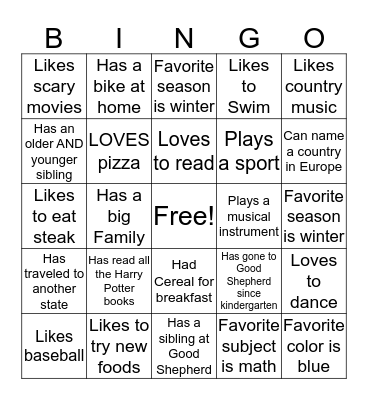 Get to know you Bingo Card