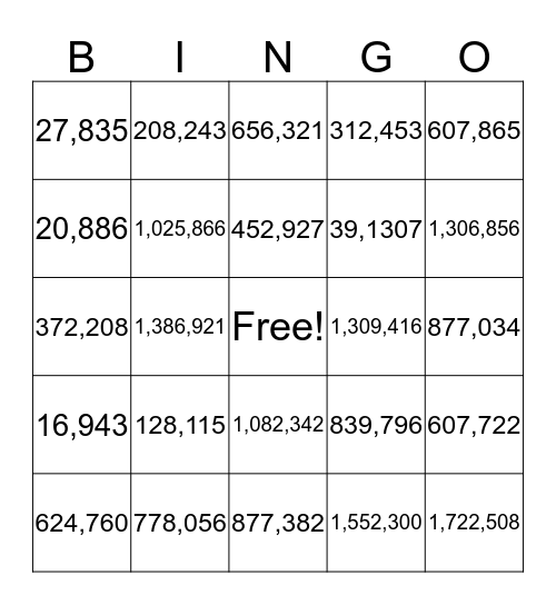 6 digit Addition and Subtraction BINGO Card