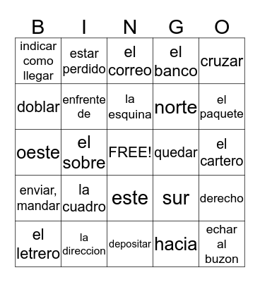 Spanish Vocabulary Bingo Card