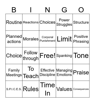 Effective Discipline Bingo Card