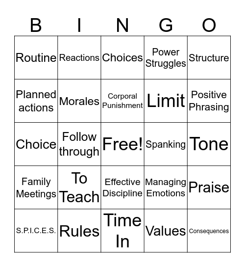 Effective Discipline Bingo Card