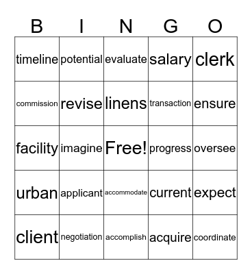 Jobs in Housing & Setting Goals Vocab Bingo Card
