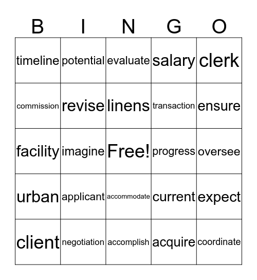 Jobs in Housing & Setting Goals Vocab Bingo Card
