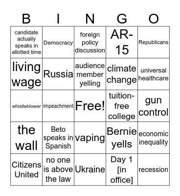 Debate Bingo with Democracy Matters! Bingo Card