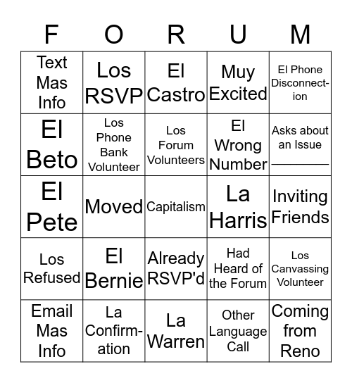 The People's Presidential  Bingo Card