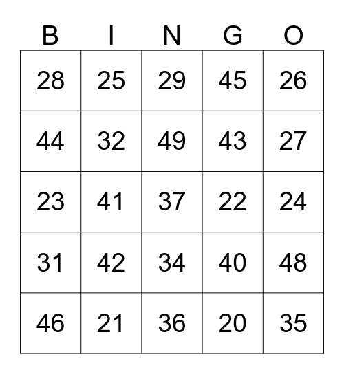 20-50 Bingo Card