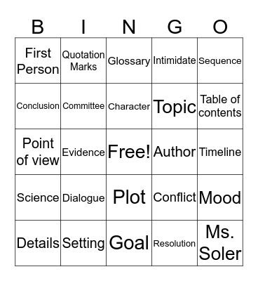 Personal Narrative Bingo Card