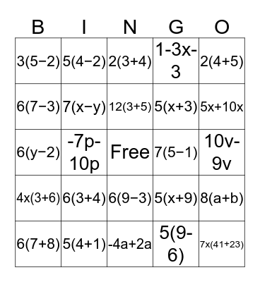 ALGEBRA I BINGO Card